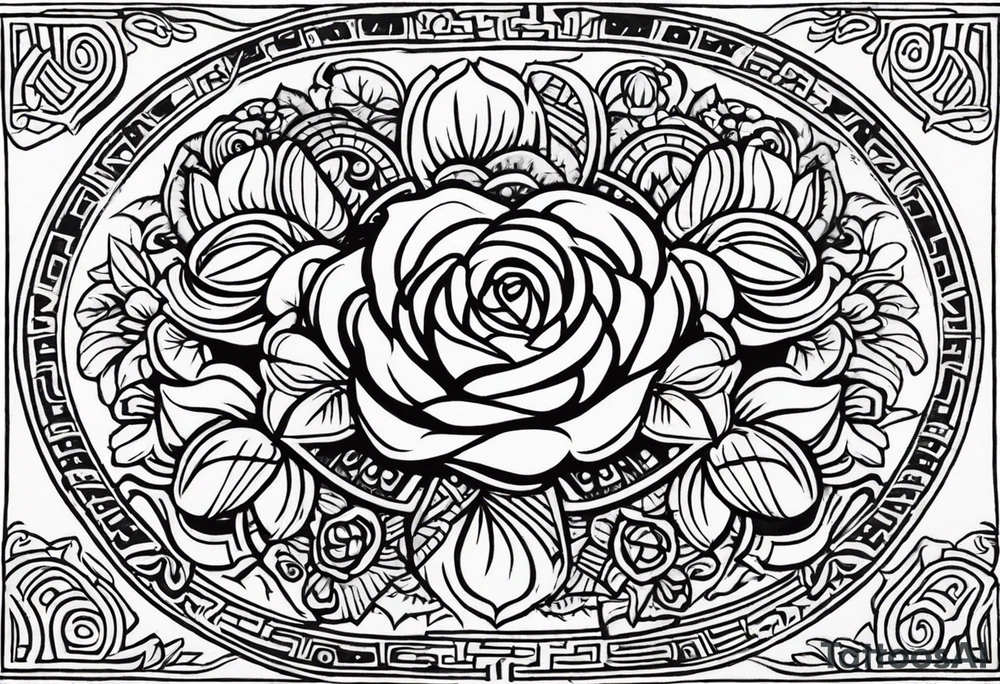 Design a masculine tattoo depicting three delicate rose buds being embraced and protected by 
Aztec weapons. The weapons should include elements such as the macuahuitl (Aztec sword-club)
, arranged in a way that forms a protective circle or embrace around the roses. Carve the entire image as if it were a stone sculpture by an ancient Aztec artist, with the texture resembling intricately detailed stone carvings. The roses should be slightly softer but still stylized in stone, giving the entire tattoo a powerful, yet artistic and ancient feel. Use bold, sharp lines to capture the essence of Aztec craftsmanship

Historically accurate tattoo idea