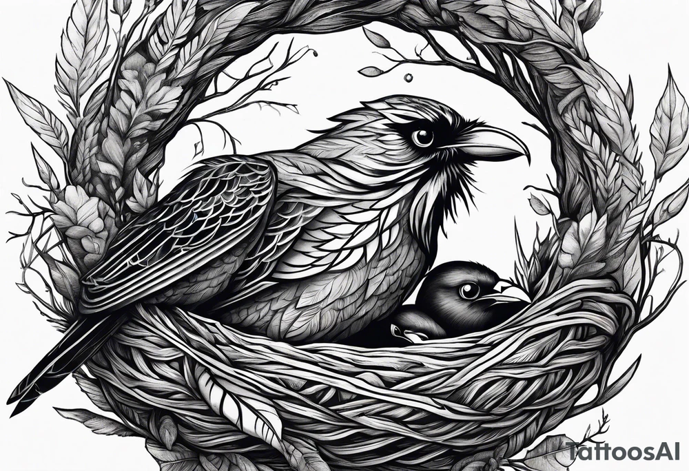 Pheonix, owl and raven cuddled in a nest tattoo idea