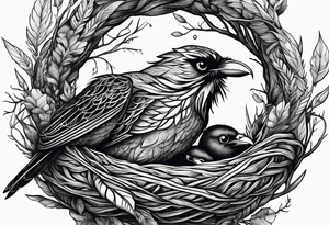 Pheonix, owl and raven cuddled in a nest tattoo idea