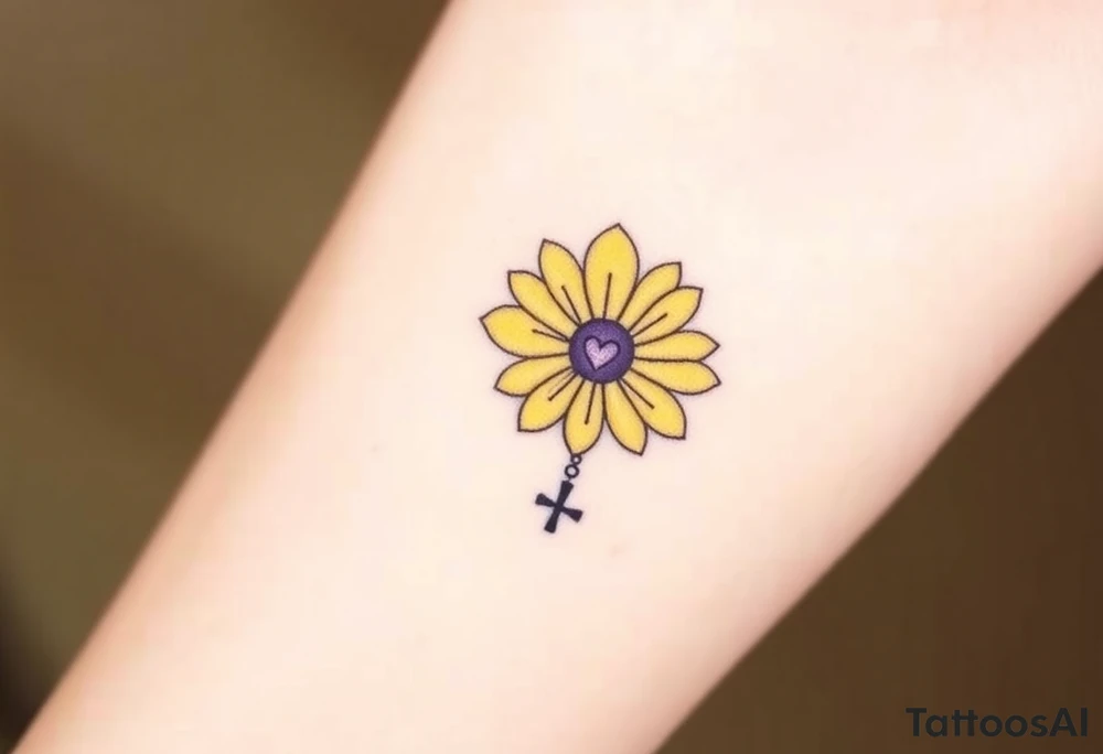 Simple yellow daisy with Purple Hearts & cross tattoo idea