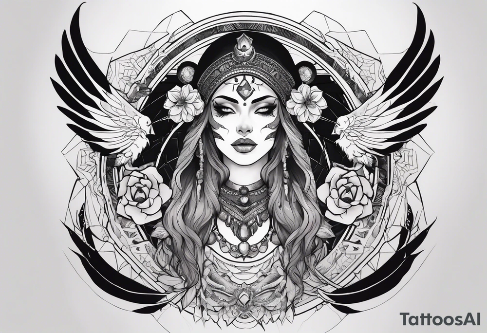 kali ma, alien goddess, valkrye, aries, pirate, divine feminine, zenza resonance, pachamama, lotus azul, blank panther, eagle, skull, 5D, nueva gaya, dna 12, left side chest tatoo tattoo idea