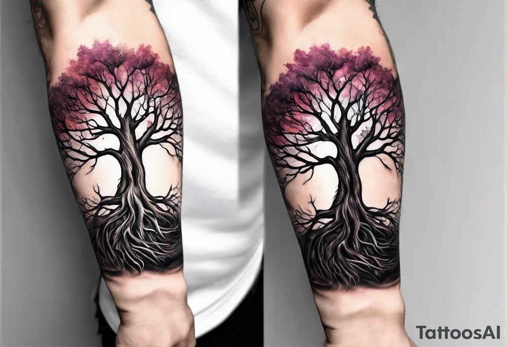 Tree roots wrapping around wrist leading to tree around forearm tattoo idea