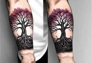 Tree roots wrapping around wrist leading to tree around forearm tattoo idea