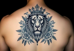 powerful majestic lion with a crown, surrounded by floral ornaments and birds tattoo idea