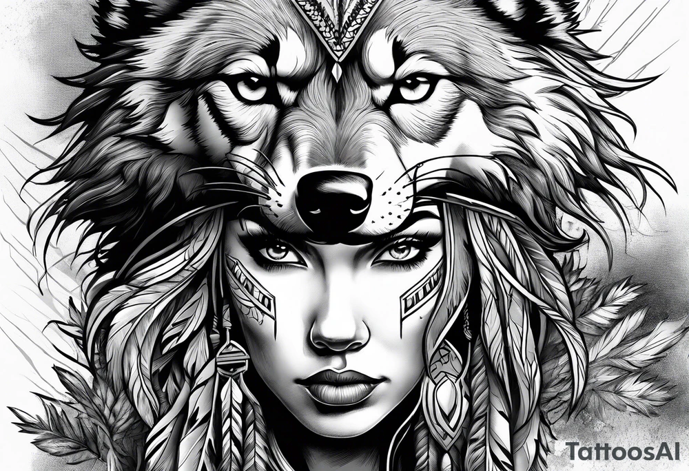 Powerful storm raging through forest. Alpha wolf snaraling. Beautiful native American women in head dress tattoo idea