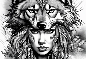 Powerful storm raging through forest. Alpha wolf snaraling. Beautiful native American women in head dress tattoo idea