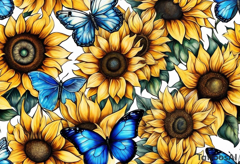 Sunflowers, full moon, blue morpho butterflies cross tattoo idea