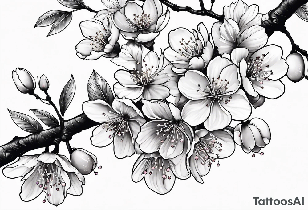 cherry blossoms with leaves and buds along branch tattoo idea