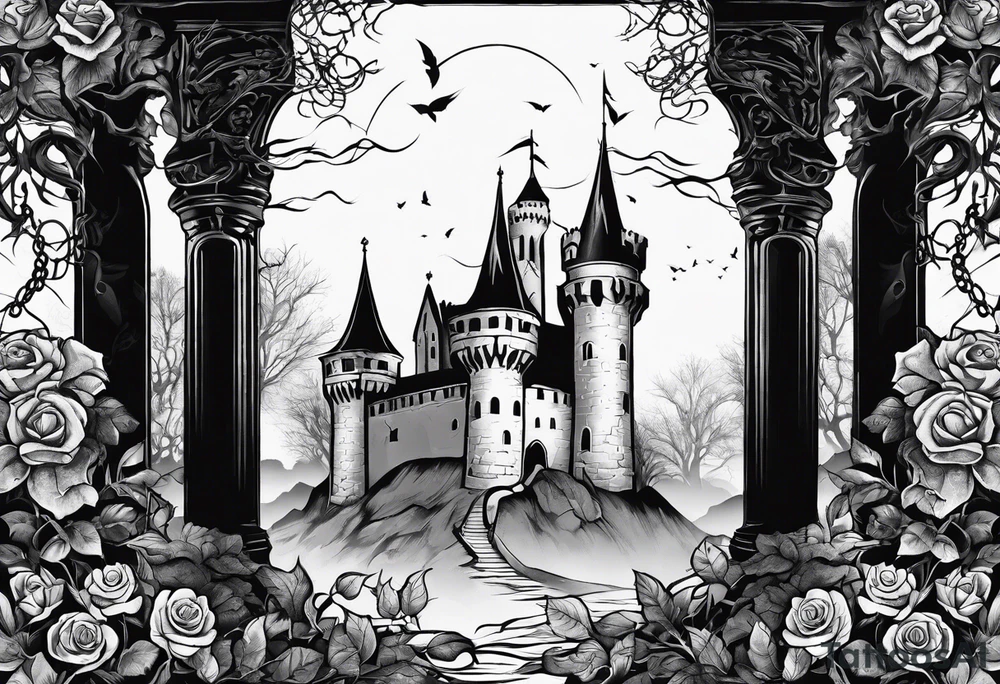 tattoo fool sleeve, old broken gothic castle, broken sword, tree roots break out of the chains, roses tattoo idea