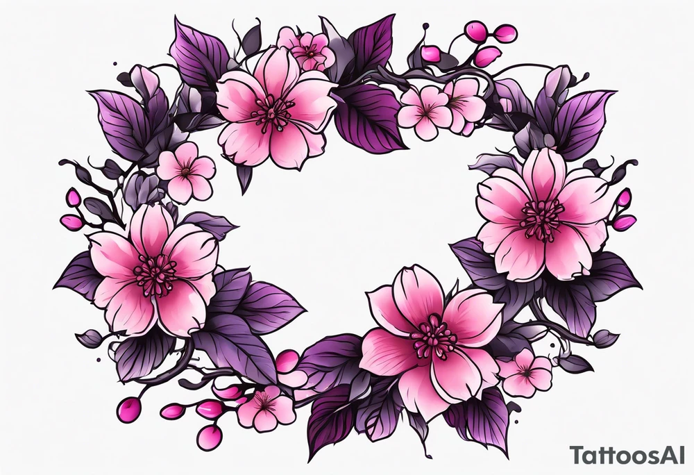 Flower wreath cherry blossoms pinks and purples tattoo idea