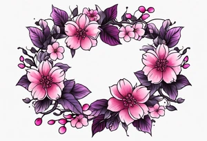 Flower wreath cherry blossoms pinks and purples tattoo idea