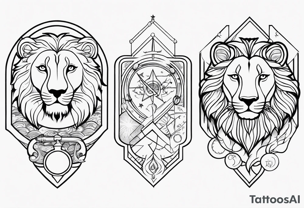 tattoo full sleeve that includes astrologic signs of  cancer, aquarius, lion and sagittarius tattoo idea