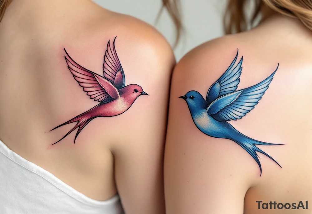 Stylized swallows in dusty rose and deep blue flying toward each other on each partner back shoulders signify freedom and loyalty. tattoo idea