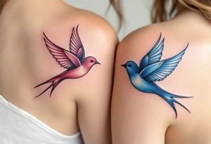 Stylized swallows in dusty rose and deep blue flying toward each other on each partner back shoulders signify freedom and loyalty. tattoo idea