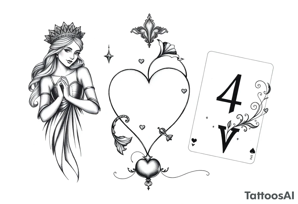Queen of hearts, 2 of hearts and a 4 of hearts plating card tattoo idea