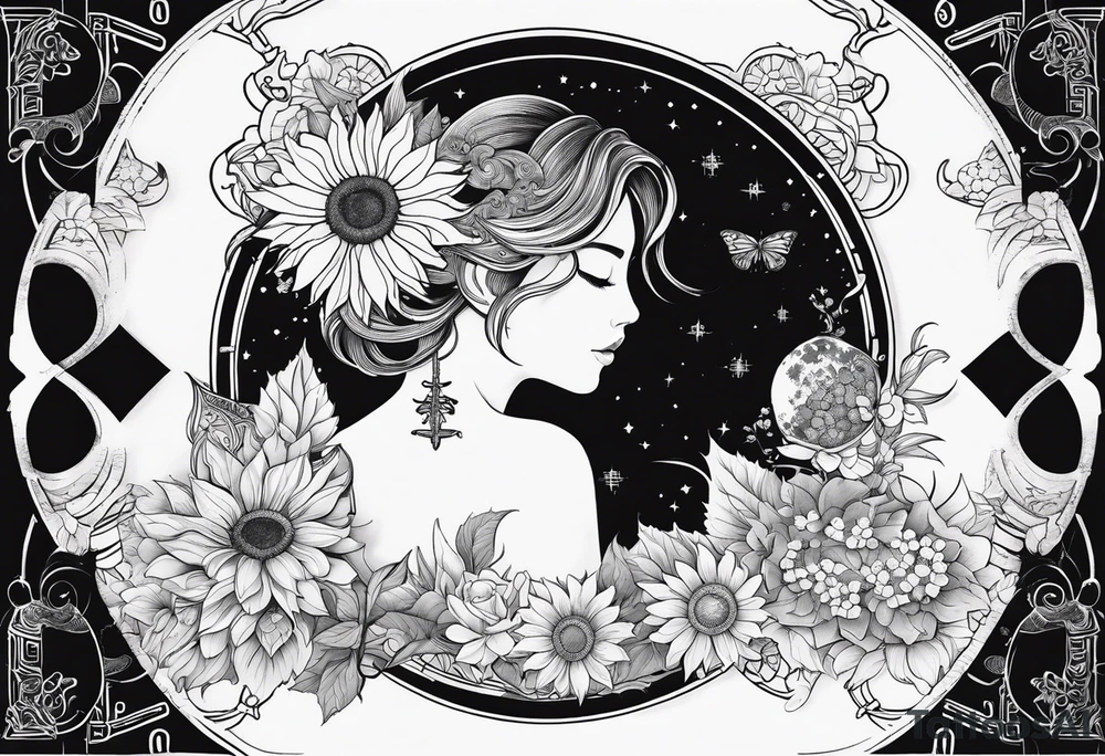 Zodiac sign Cancer, moon, sunflower, flowers, fairy, love, kind, fierce, sun, caring, butterfly, stars tattoo idea