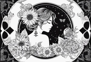 Zodiac sign Cancer, moon, sunflower, flowers, fairy, love, kind, fierce, sun, caring, butterfly, stars tattoo idea