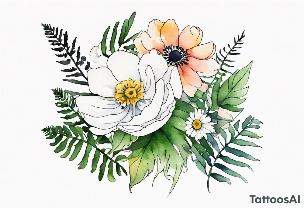 wild flower bouquet with ferns and white anemone all watercolor tattoo idea
