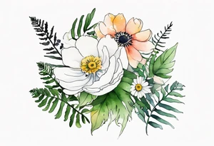 wild flower bouquet with ferns and white anemone all watercolor tattoo idea