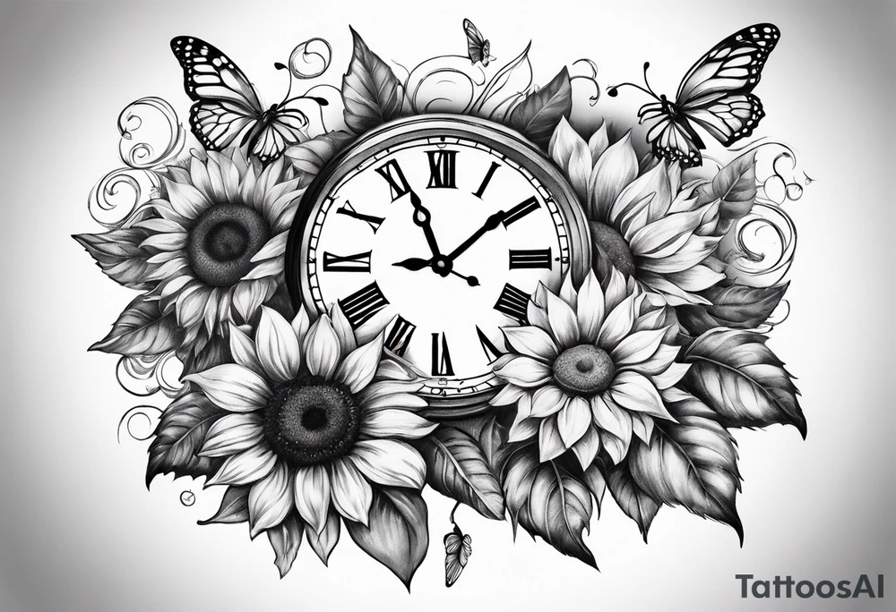 Sleeve with clock, sunflower and butterflies tattoo idea