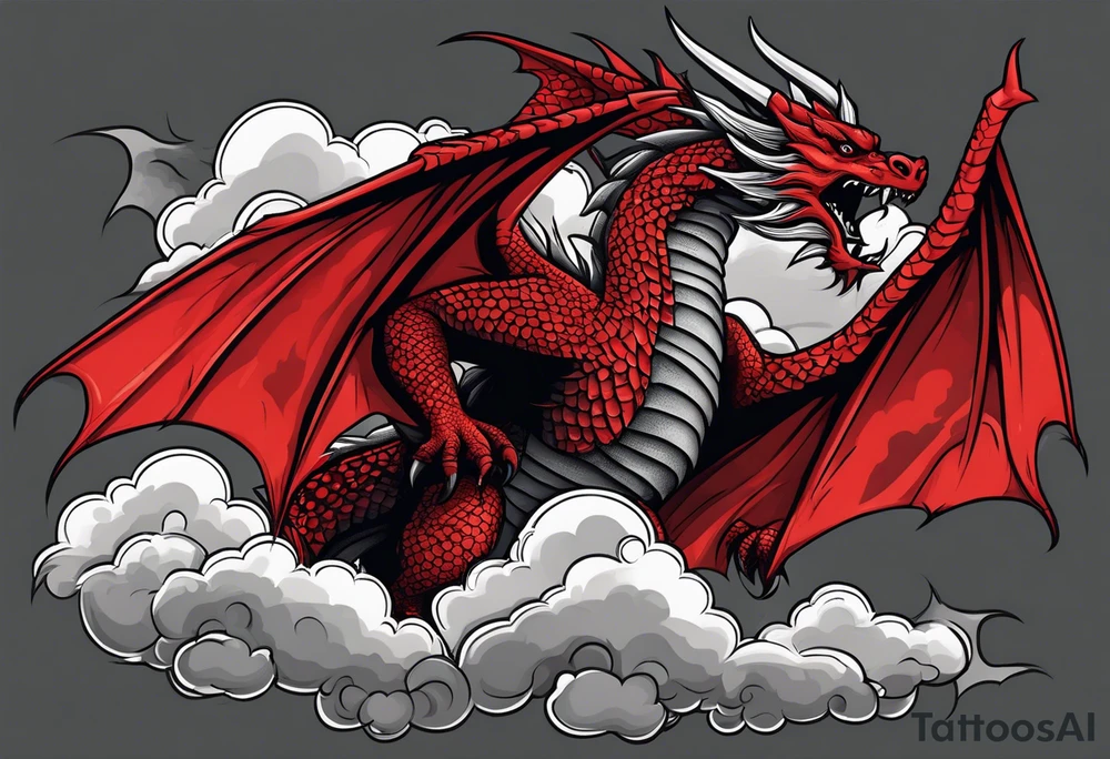 A red dragon emerging from the gray and black layered clouds in a sky where lightning flashes tattoo idea