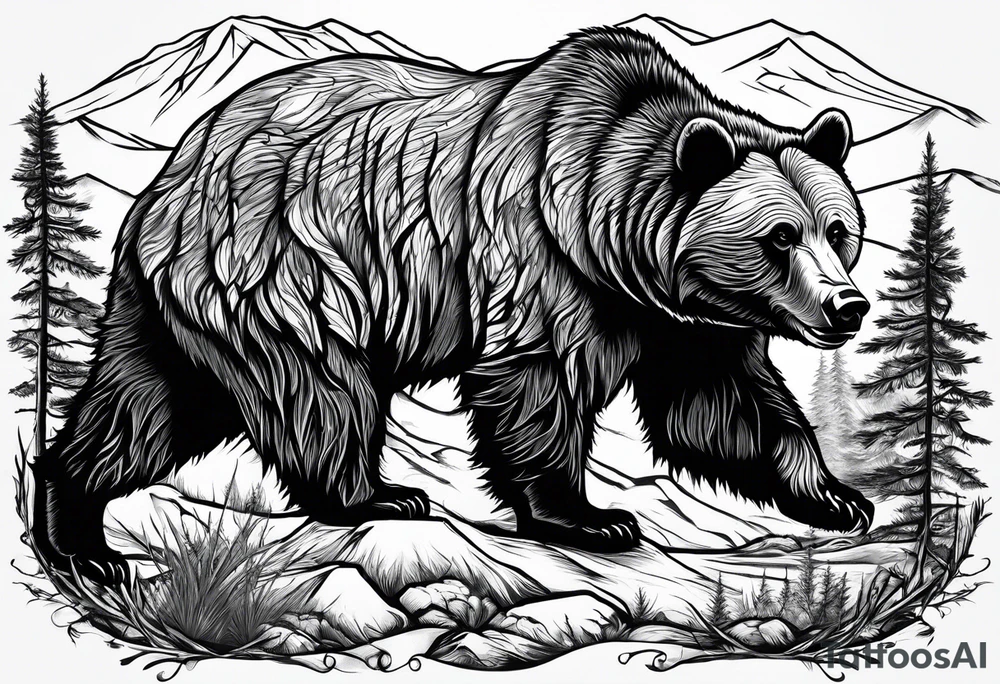 A grizzly bear hunting wolves in the wild tattoo idea