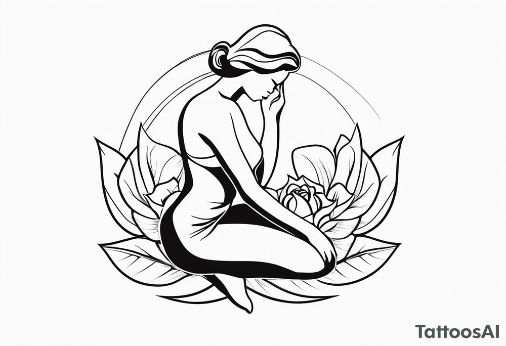 Bloomed rose with female body, kneeling tattoo idea