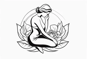 Bloomed rose with female body, kneeling tattoo idea