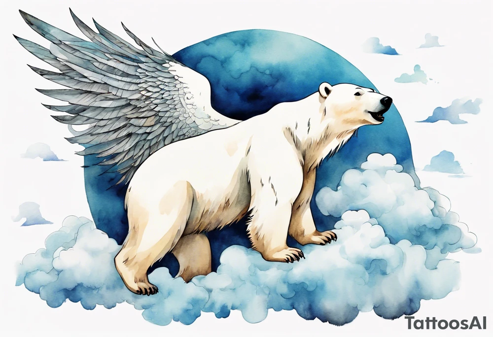 a polar bear with wings, standing on clouds, a gust of wind coming from its mouth tattoo idea