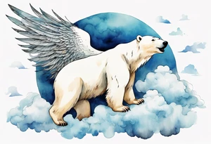 a polar bear with wings, standing on clouds, a gust of wind coming from its mouth tattoo idea