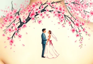 A watercolor-style bride and groom dancing under a soft pink cherry blossom tree, with delicate petals falling around them tattoo idea