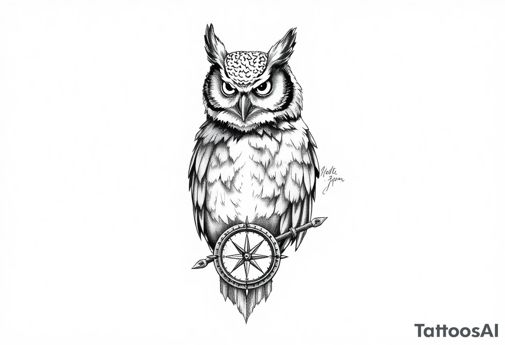 an owl,a compass,landscape. tattoo idea