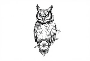 an owl,a compass,landscape. tattoo idea