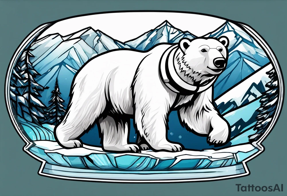 Polar bear wearing ski goggles standing in front of a mountain inside a snow globe tattoo idea