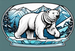 Polar bear wearing ski goggles standing in front of a mountain inside a snow globe tattoo idea
