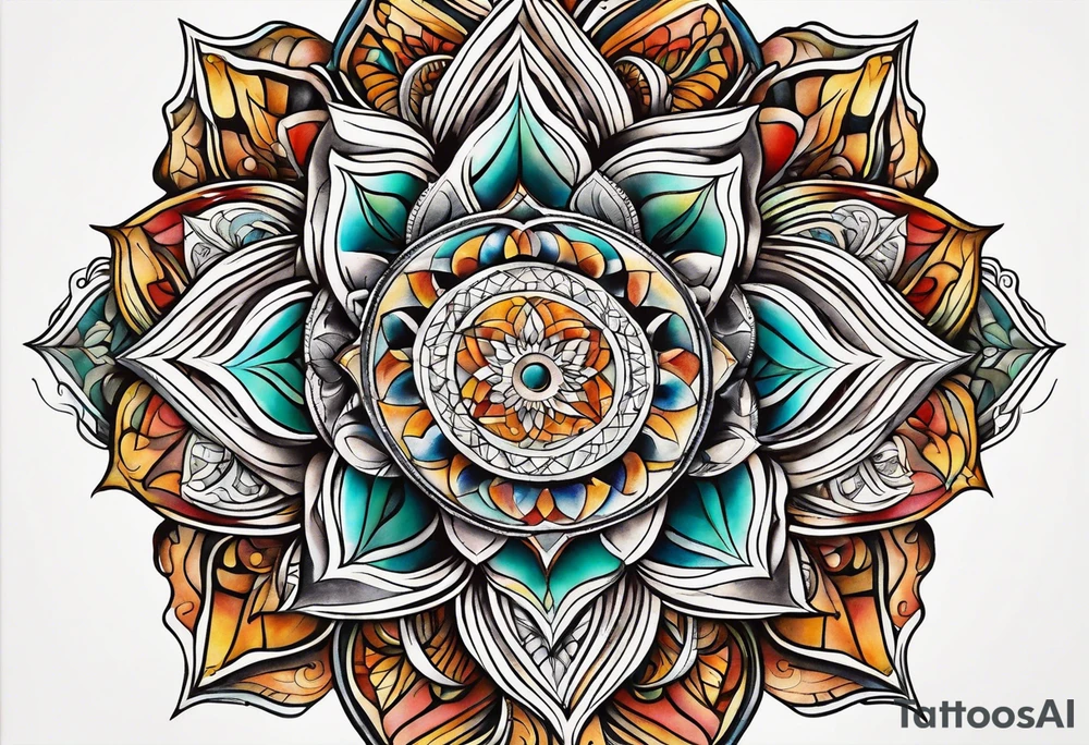front knee tattoo with sacred geometry, swirls & washes, background and in fall colors tattoo idea