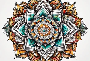 front knee tattoo with sacred geometry, swirls & washes, background and in fall colors tattoo idea