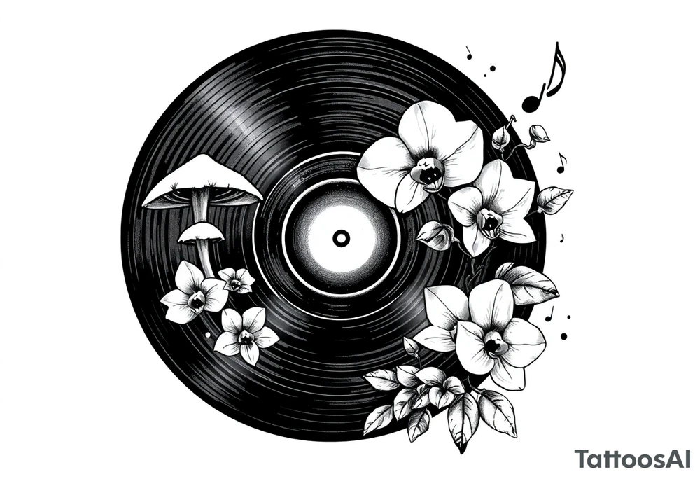one black and white vinyl record with mushrooms, orchids, and music notes around it tattoo idea