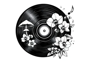 one black and white vinyl record with mushrooms, orchids, and music notes around it tattoo idea