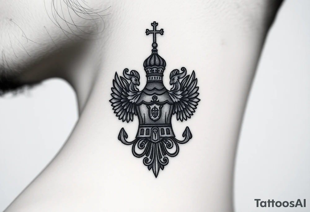 russian coat arms in a russian christian orthodox style virgin mary & orthodox dome church on the side of the neck tattoo idea