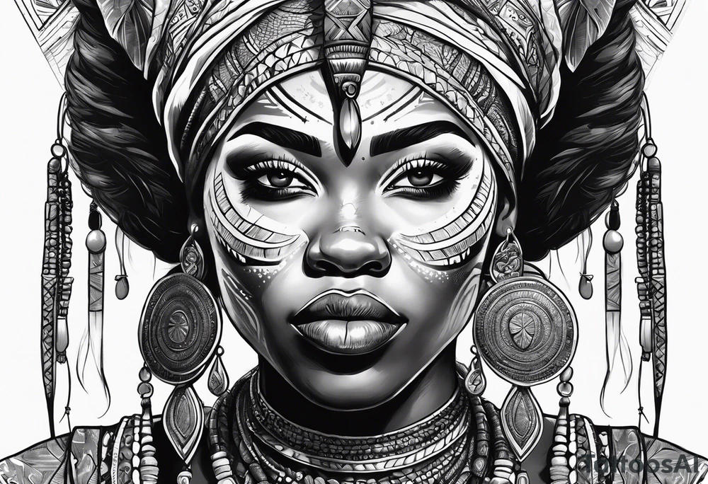 African woman warrior holding spear with deadlocks and earrings. tattoo idea