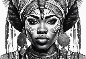 African woman warrior holding spear with deadlocks and earrings. tattoo idea