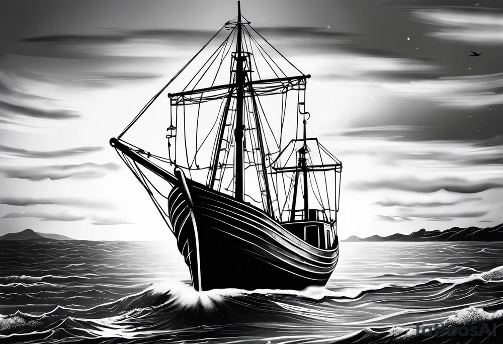 A simple vintage fishing boat tattoo idea