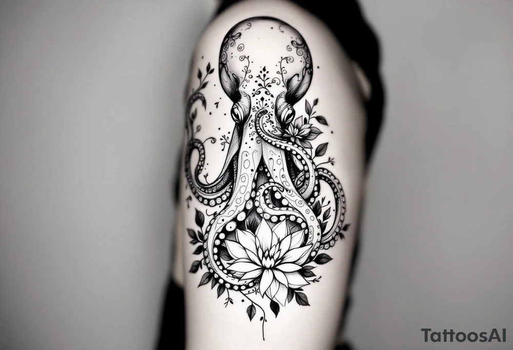 realistic octopus, detailed linework, black-and-grey shading, elegant floral vine, intertwining tentacles, thin black swirling lines, semi-transparent brown leaves, delicate mandala flower, dotwork, ornamental flourishes, radiating design, fine-line style, minimalistic, organic flow, feminine, artistic, slightly surreal, seamless composition, marine botanical fusion, lifelike texture, graceful rhythm, natural growth integration, upper arm placement, shoulder curve, body-following design, smooth shading, soft leaves wrapping, blooming shoulder flower, outward radiating pattern, vine tentacle flow, integrated sea creature, botanical octopus, arm shoulder tattoo, curved body placement, natural organic movement tattoo idea