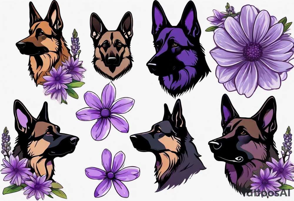 Dark brown, German shepherd with purple daisies tattoo idea