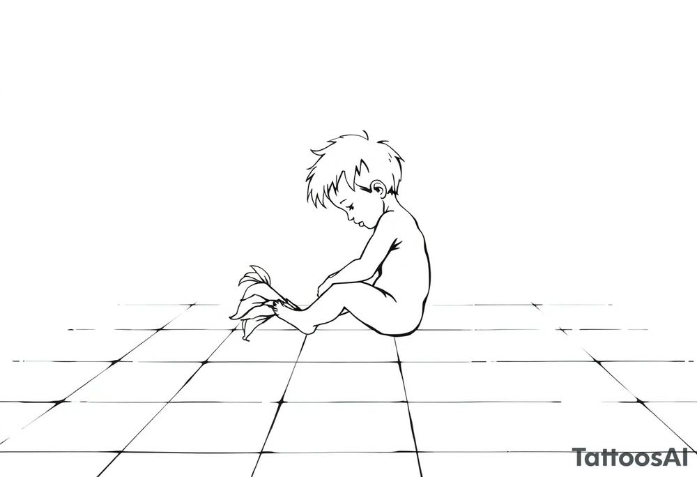 A simple tile floor with a minimalist curled child sitting on the floor with a lily next to her tattoo idea