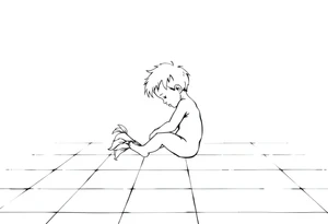 A simple tile floor with a minimalist curled child sitting on the floor with a lily next to her tattoo idea
