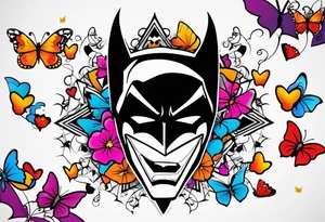 Small Batman and joker tattoo with butterflies and lots of color and harley quinn tattoo idea