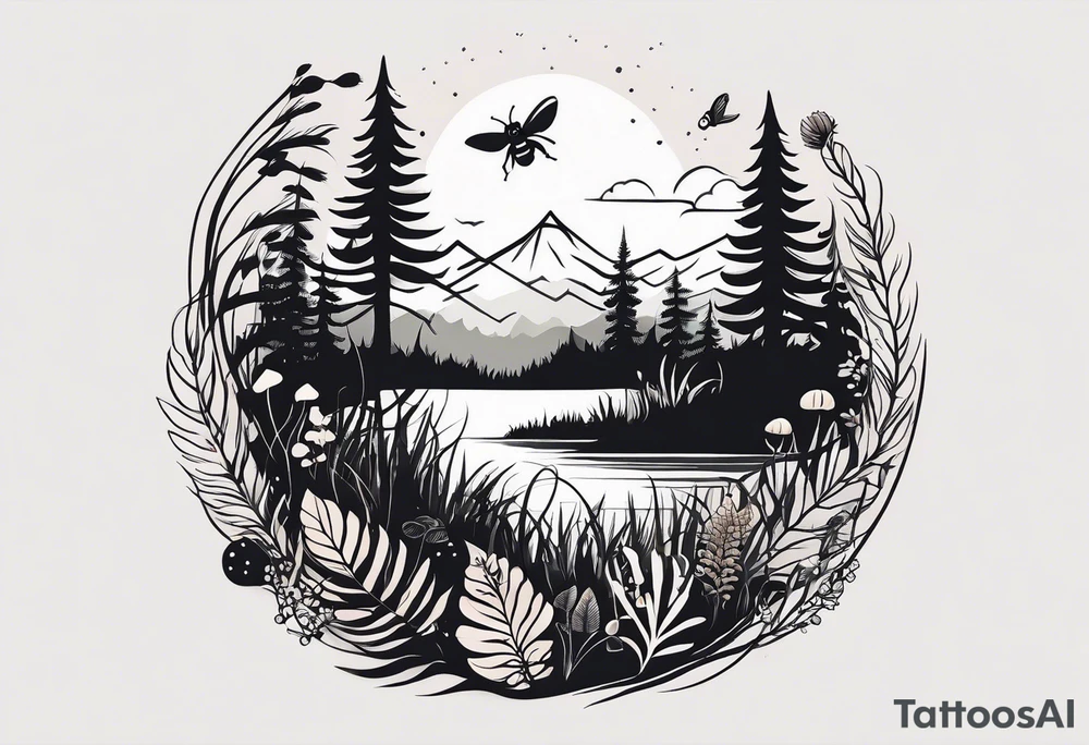 forest floor inspired minimalist tattoo, which includes grass, curly ferns, moss and dead leaves as the bulk of the tattoo. details to include: forest berries, a tiny bumblebee flying nearby, three small brown mushrooms
Generate a vertically long one tattoo idea