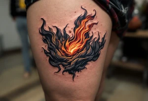 „I mala jiskra muze zalozit velky ohen.“ — A tiny golden spark igniting a roaring red-orange flame, with the phrase curling through the smoke. tattoo idea